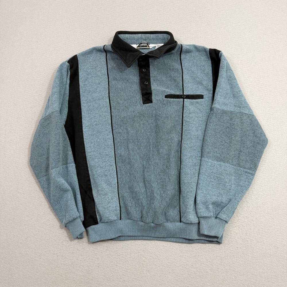 Classics by Palmland Polo Shirt Mens XLG Blue Colorblock Long Sleeve Ribbed Knit